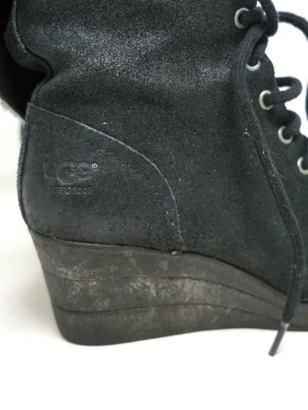 Ugg Zea Black Shearling Wedge Waterproof Lace Up Ankle Boots Size 7 Woman Shoe